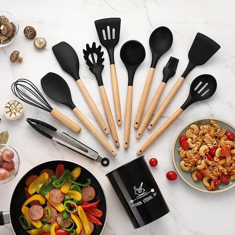 12 Pcs Silicone Cooking Utensils Kitchen Utensil Set | Heat Resistant Kitchen Non toxic Spatula Set with Turner Tongs,Spoon,Brush,Whisk-Wooden Handle(Random color)