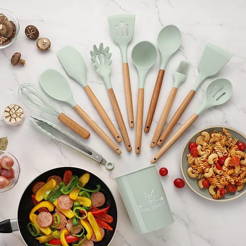 12 Pcs Silicone Cooking Utensils Kitchen Utensil Set | Heat Resistant Kitchen Non toxic Spatula Set with Turner Tongs,Spoon,Brush,Whisk-Wooden Handle(Random color)