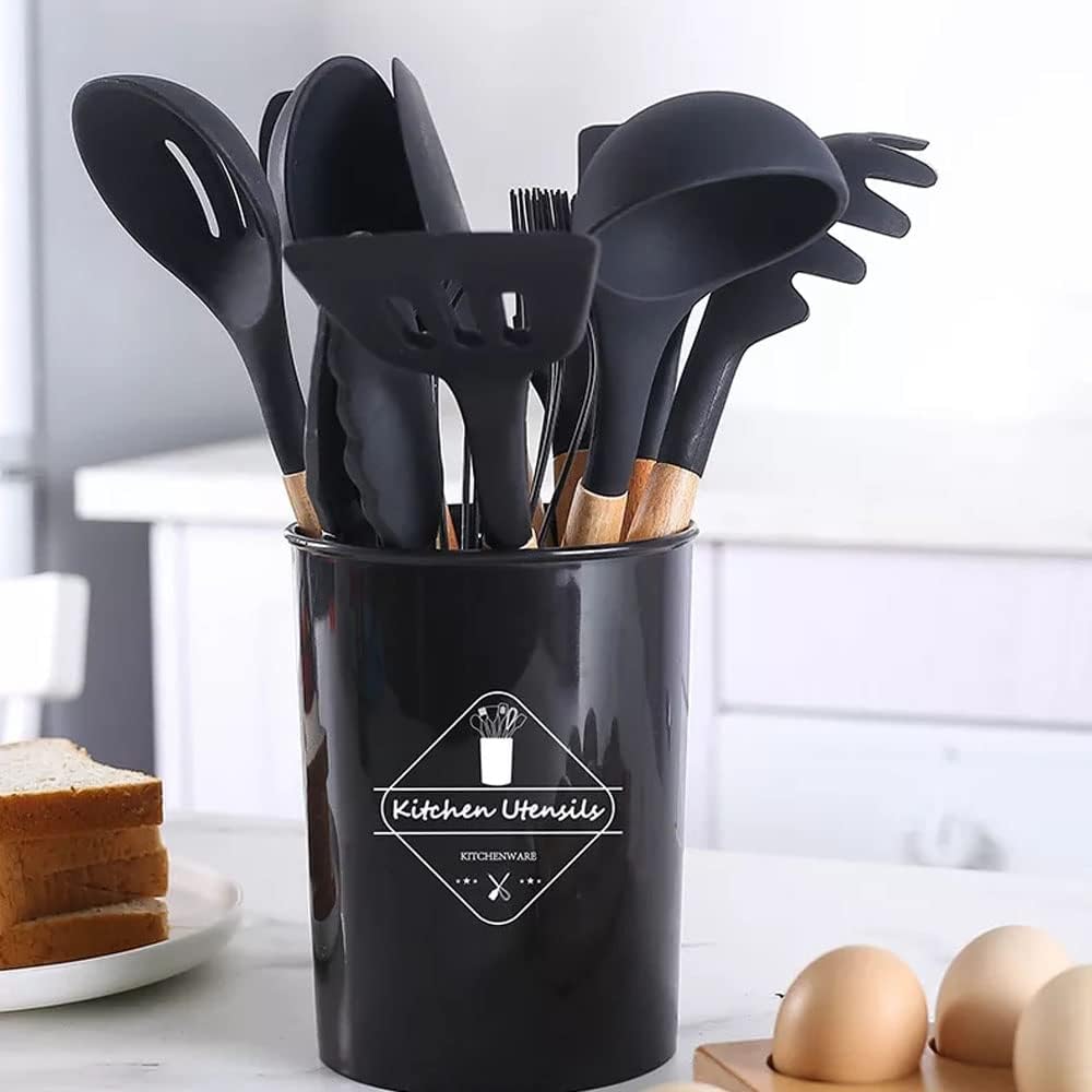 12 Pcs Silicone Cooking Utensils Kitchen Utensil Set | Heat Resistant Kitchen Non toxic Spatula Set with Turner Tongs,Spoon,Brush,Whisk-Wooden Handle(Random color)