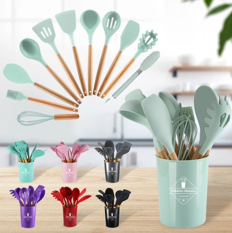 12 Pcs Silicone Cooking Utensils Kitchen Utensil Set | Heat Resistant Kitchen Non toxic Spatula Set with Turner Tongs,Spoon,Brush,Whisk-Wooden Handle(Random color)
